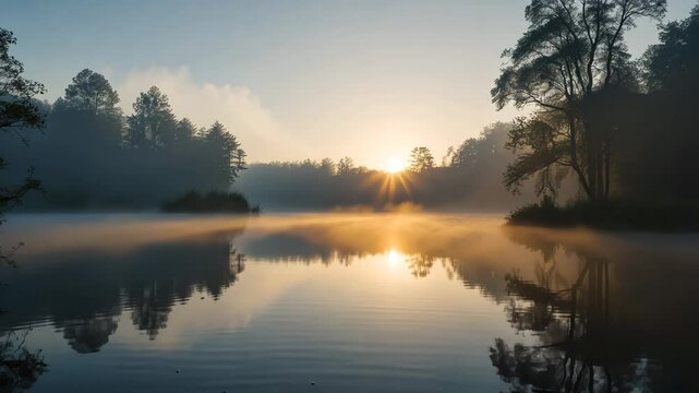 Morning fog enveloping the lake at sunrise