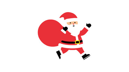 Santa Claus with a huge bag on the run to delivery christmas gifts at snow fall.Merry Christmas text Calligraphic Lettering Vector illustration. 