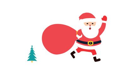 Santa Claus with a huge bag on the run to delivery christmas gifts at snow fall.Merry Christmas text Calligraphic Lettering Vector illustration. 