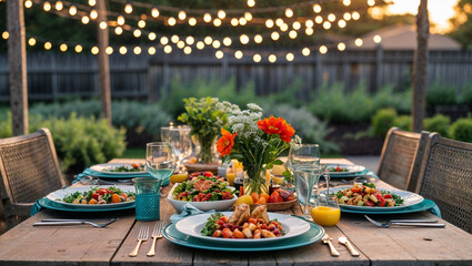 Alfresco Dining Table Set Outdoors With String Lights And Floral Centerpieces
