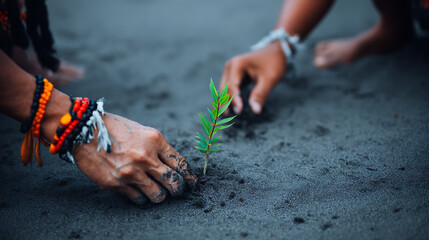 Hands of indigenous people planting young tree sapling in dark soil, symbolizing environmental care and cultural connection to nature