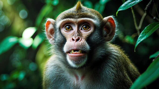 Amusing monkey in surprise with open mouth. Close-up portrait set against a green natural background.
