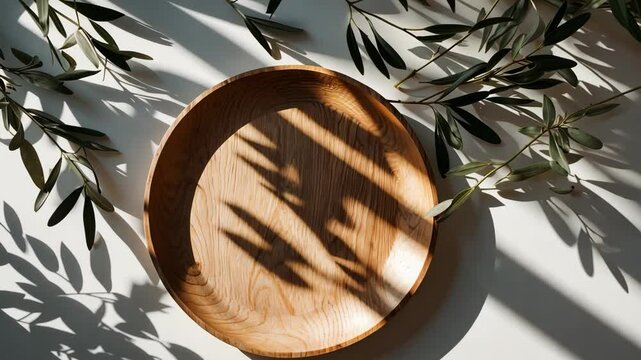 Still life arrangement for summer wedding. Sunlit wooden platter and tray. Olive branches on a white table surface. Floral shadow effects, diffused light. Festive table setup. Aerial perspective.