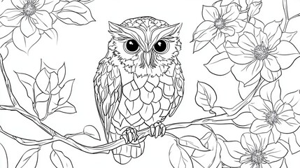Fototapeta premium A detailed line drawing of large flowers surrounded by leaves, showcasing intricate patterns and textures.