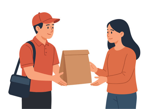 A Delivery man, courier, postman giving paper bag with order to customer. Woman character receive package. Shipping service, logistic concept. Vector illustration.