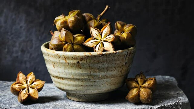Sacha Inchi nuts in ceramic bowl on rustic stone surface against a dark backdrop creating a natural, organic presentation