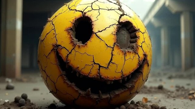 Cracked Smiley Ball in an Abandoned Urban Space Mood of Dispair