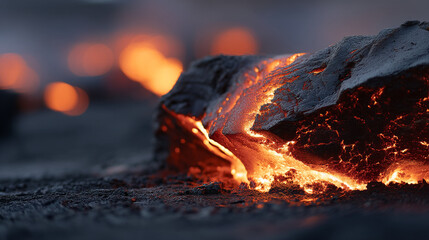 Close up view of molten lava flowing over dark rock surface with blurred orange lights in background
