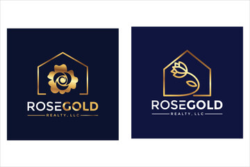 Gold Rose and House Logo Designs on Dark Blue Background