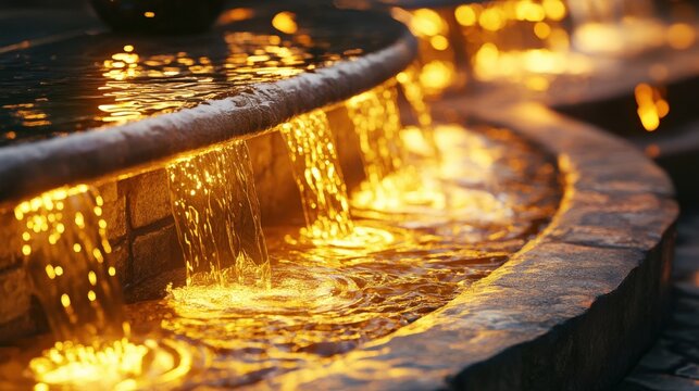 A detailed feng shui wealth fountain flowing with golden water and glowing light