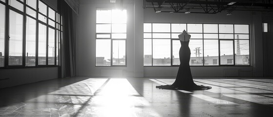 Elegant black dress displayed on a mannequin in a sunlit, spacious studio with large windows