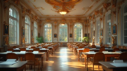 Obraz premium Golden Sunlight Illuminates Grand Hall's Elegant Interior