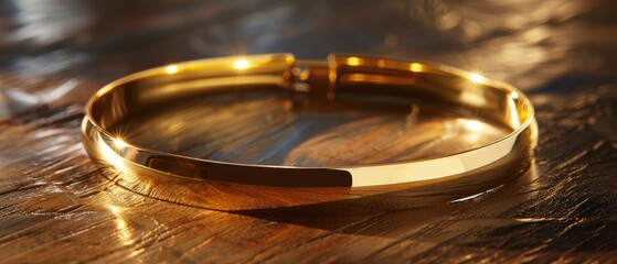 Elegant gold bracelet resting on a polished wooden surface, reflecting light in a serene setting