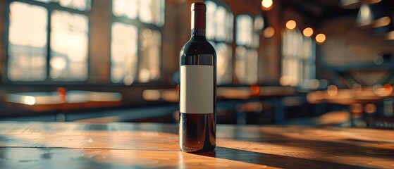 A close-up of a wine bottle on a wooden table in a cozy restaurant with warm lighting and blurred background
