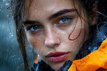 Young woman in bright jacket contrasting with grey rainy environment