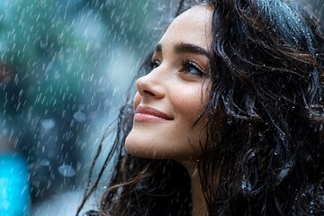 Confident woman standing joyfully in the rain against an urban backdrop