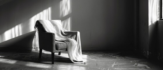 Cozy armchair draped with a soft blanket in a sunlit, minimalist room with shadows on the floor