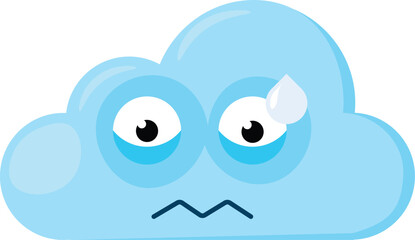 Blue disappointed Emoji Cloud with bead of sweat on forehead. Design element for children weather forecast. Funny kids icon. Simple cartoon vector element isolated on white background
