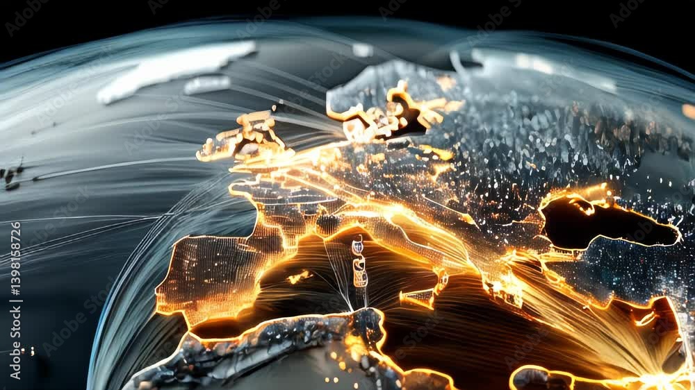 Poster glowing digital map representing global data and communication networks across the continent
