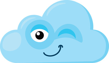 Blue mischievous, playful Emoji Cloud with winks an eye. Design element for children weather forecast. Funny kids icon. Simple cartoon vector element isolated on white background