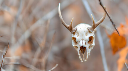 Fototapeta premium Deer Skull With Antlers Hanging In Autumn Forest