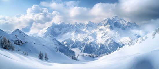 Obraz premium Snowy Mountainscape, Winter Wonderland, Majestic Peaks, Inspiring View, Perfect for Travel Posters