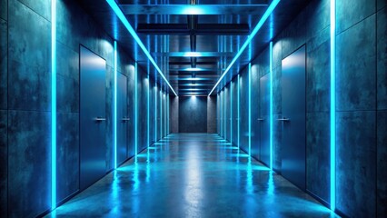 A futuristic hallway with vibrant blue neon lighting accents and sleek dark grey doors reflects an ethereal glow on the polished floor.