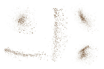 Fototapeta premium Brown particles collection of vector chocolate dust powder isolated splatter background
