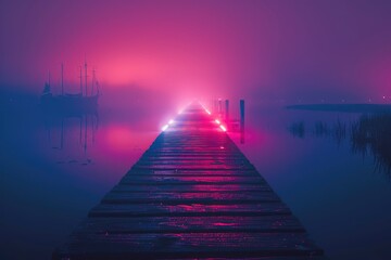 Serene foggy pier at twilight with vibrant lights reflecting on water and a ship in the distance
