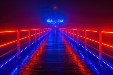 Illuminated pier at night with vibrant blue and red lights reflecting on wet wooden planks