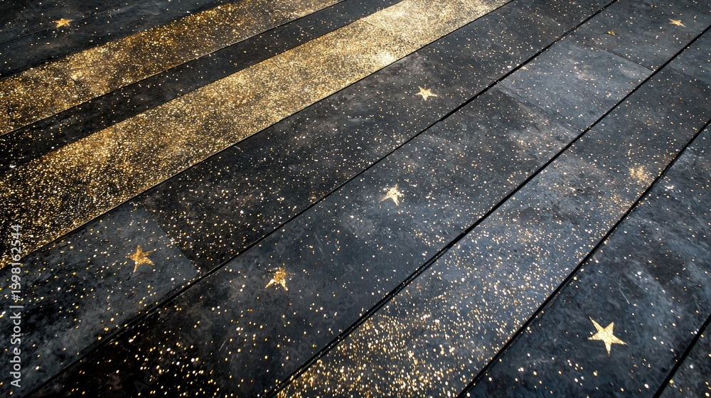 Poster dynamic golden sparkles illuminating diagonal lines on a sleek, dark canvas.