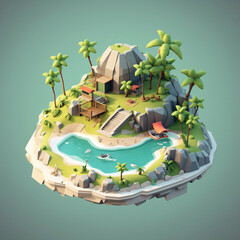 Holiday island with swimming pool and bungalow. 3D simple small isometric perspective with building model.