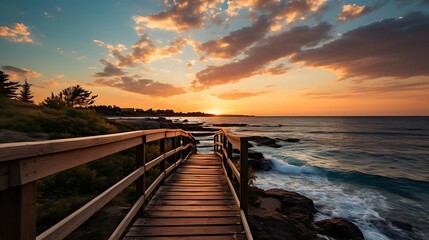 Obraz premium Sunset Serenity: Wooden Bridge Leading to Ocean at Golden Hour