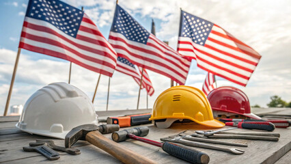 The American flag is adorned with symbols of labor – tools and a hard hat – along with the festive text "HAPPY LABOR DAY" in a tribute to workers.