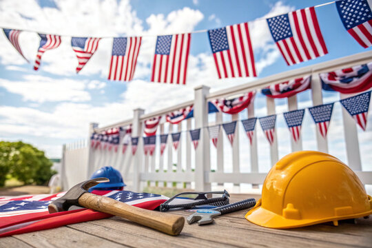A patriotic composition showing work tools and a yellow hard hat placed on the stars and stripes of the American flag, wishing "HAPPY LABOR DAY".