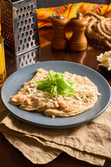 Authentic Enfrijoladas on Mexican Plate with Cheese and Greens.