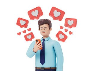 Man on phone surrounded by heart symbols, symbolizing social media likes and approval. 3D rendering, conceptual image. Isolated on white background.