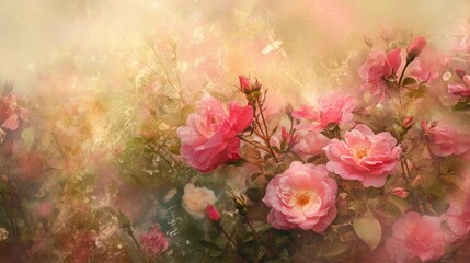 A vibrant field of pink roses basking in the soft