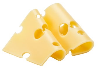 Thin cheese slices with classic holes curled appealingly, isolated on white background. Perfect swiss slices for sandwiches or snacks. Ideal food styling component showing cheese slices.