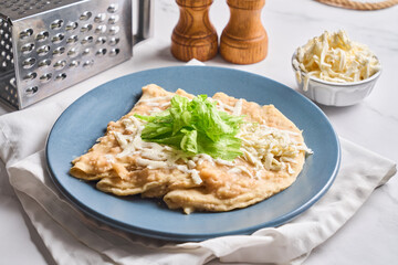 Authentic Enfrijoladas on Mexican Plate with Cheese and Greens.