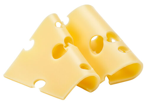 Thin cheese slices with classic holes curled appealingly, isolated on white background. Perfect swiss slices for sandwiches or snacks. Ideal food styling component showing cheese slices.