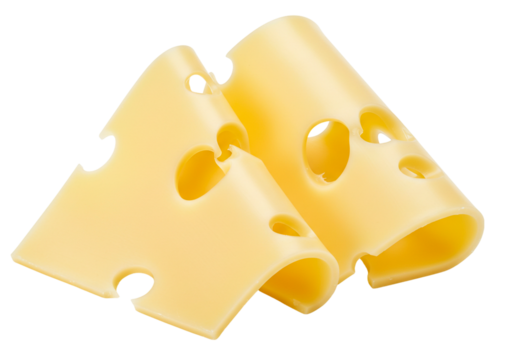 Thin cheese slices with classic holes curled appealingly, isolated on white background. Perfect swiss slices for sandwiches or snacks. Ideal food styling component showing cheese slices.