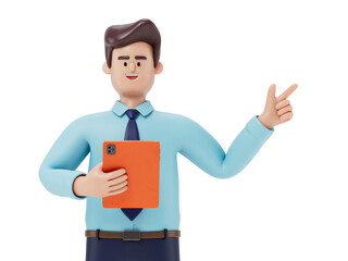 Man holding tablet, pointing upwards, symbolizing idea sharing or digital collaboration. 3D rendering, conceptual image. Isolated on white background.