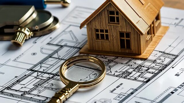 Wooden house model on blueprints with a magnifying glass, showcasing architectural planning