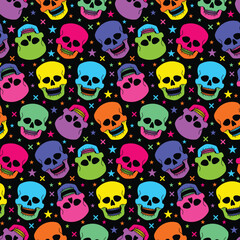 Seamless pattern with all colorful neon human skulls. Holiday ornament Mexican style for gift wrapping paper. Carnival vector on black background
