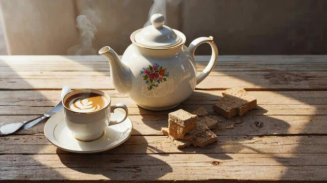 Elegant tea setting with steaming beverage and shortbread cookies on rustic wood table bathed in gentle sunlight