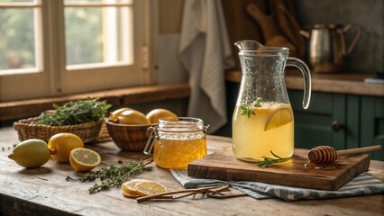 Rustic honey lemonade in glass pitcher with lemons and jar