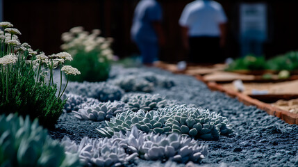 xeriscape garden featuring drought resistant plants, including succulents and flowering species, is displayed with focus on sustainable landscaping. Two blurred figures are visible in background