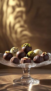 Luxury assorted chocolate platter. White and dark chocolates are elegantly arranged on a serving platter. World Chocolate Day