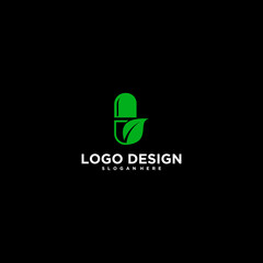 Green Capsule Leaf Logo Design on Black Background